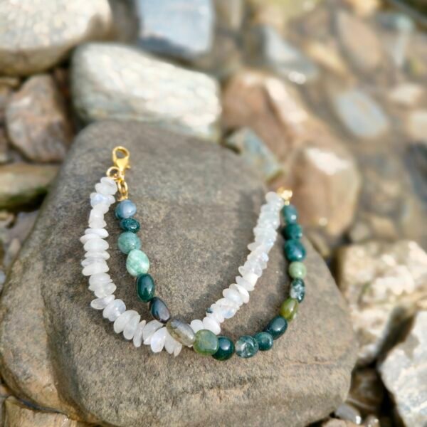 Bracelet with white, green, and blue beads inspired by forest mist. Perfect for nature lovers and bo.